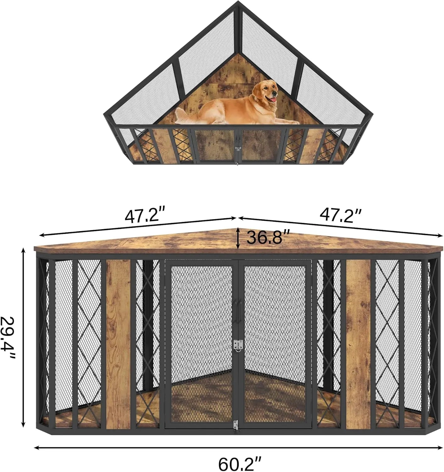 Corner Wooden Dog Crate Furniture With Diamond Metal Decoration Kennel