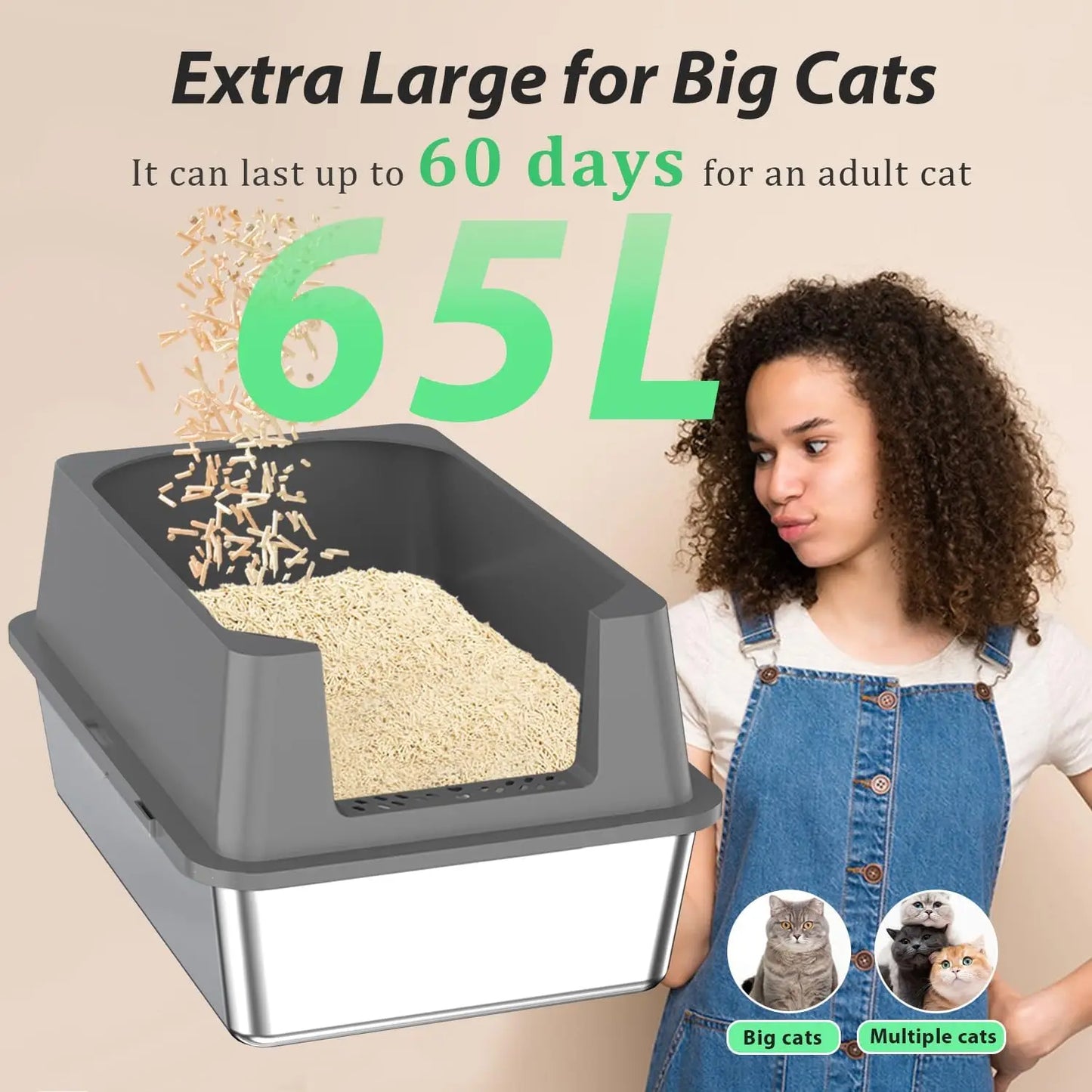 Extra Large Stainless Steel Cat Litter Box with High Sides, 29x21x14 Inches for Big and Overweight Cats, Non-Stick Easy Clean