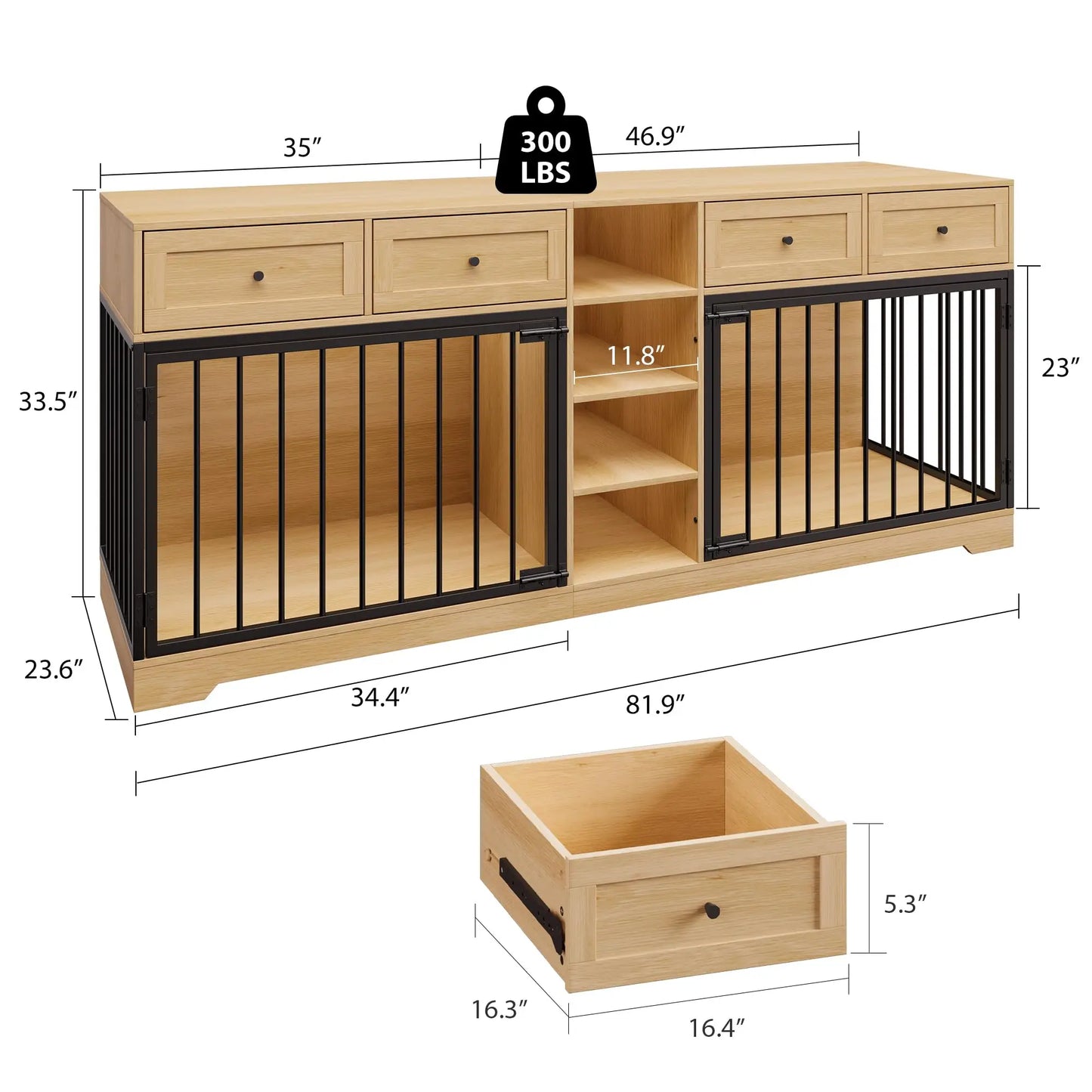 HiMISS Heavy-Duty Double Dog Crate Furniture TV Stand With Drawers