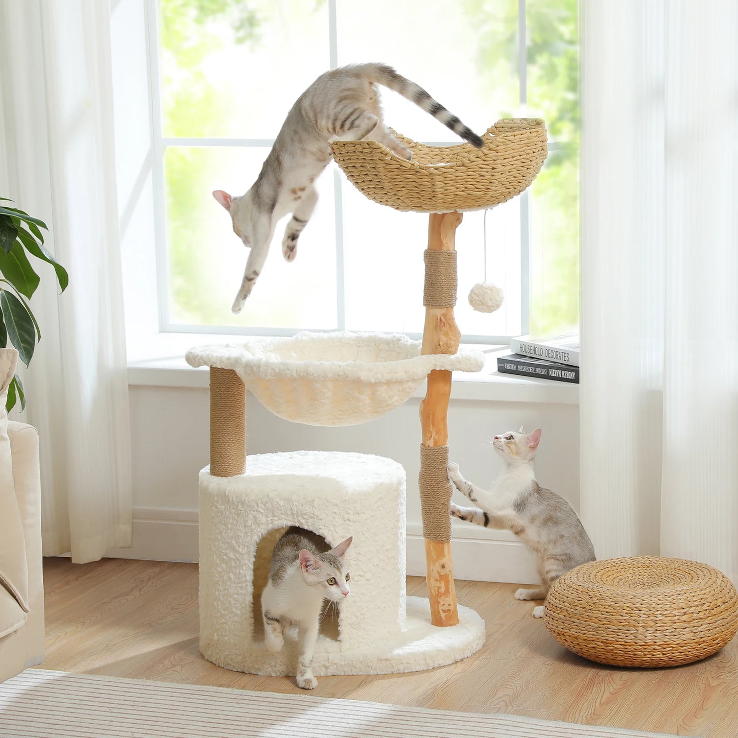 PEQULTICN Natural Wood Cat Tree Tower With Wicker Basket Indoor