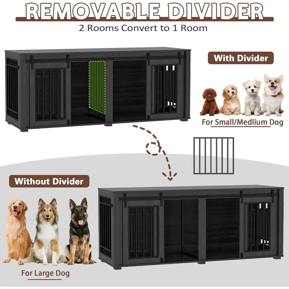 Large Dog Crate Furniture for 2 Dogs, Upgrade 71" Pro XXL Sliding Door Heavy Duty Dog Kennel Furniture with Divider, Steel Frame