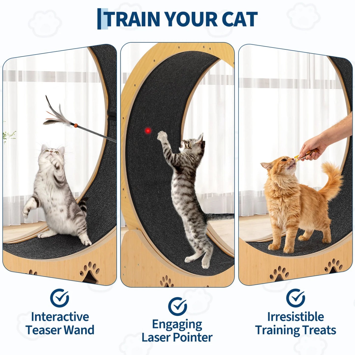 Wooden Cat Exercise Wheel forIndoor Cat, Large cat Running Treadmill with Low Noise Carpeted Runway, Removable Carpet Cat Wheel