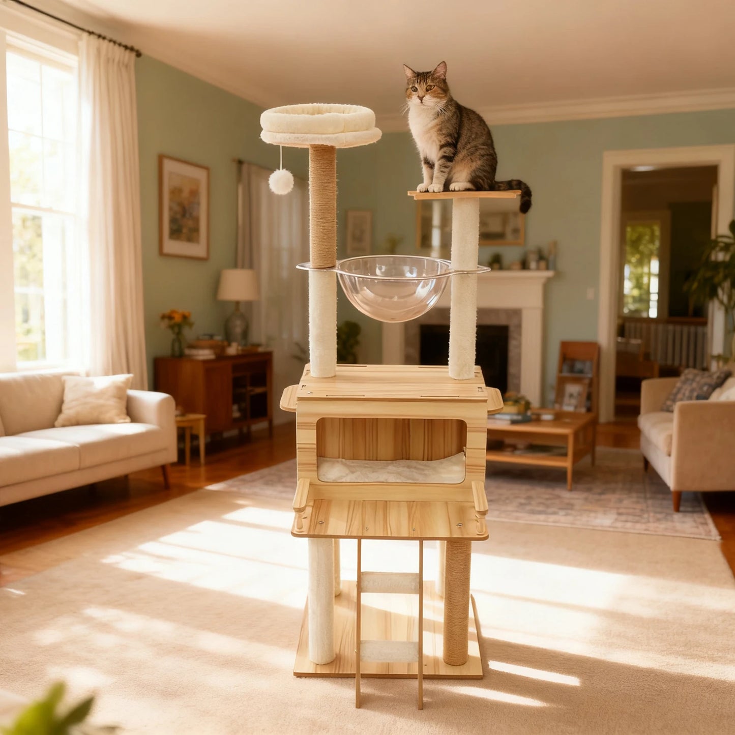 Indoor Cat Tree With Hemp Rope Floor Mount Multi Tier