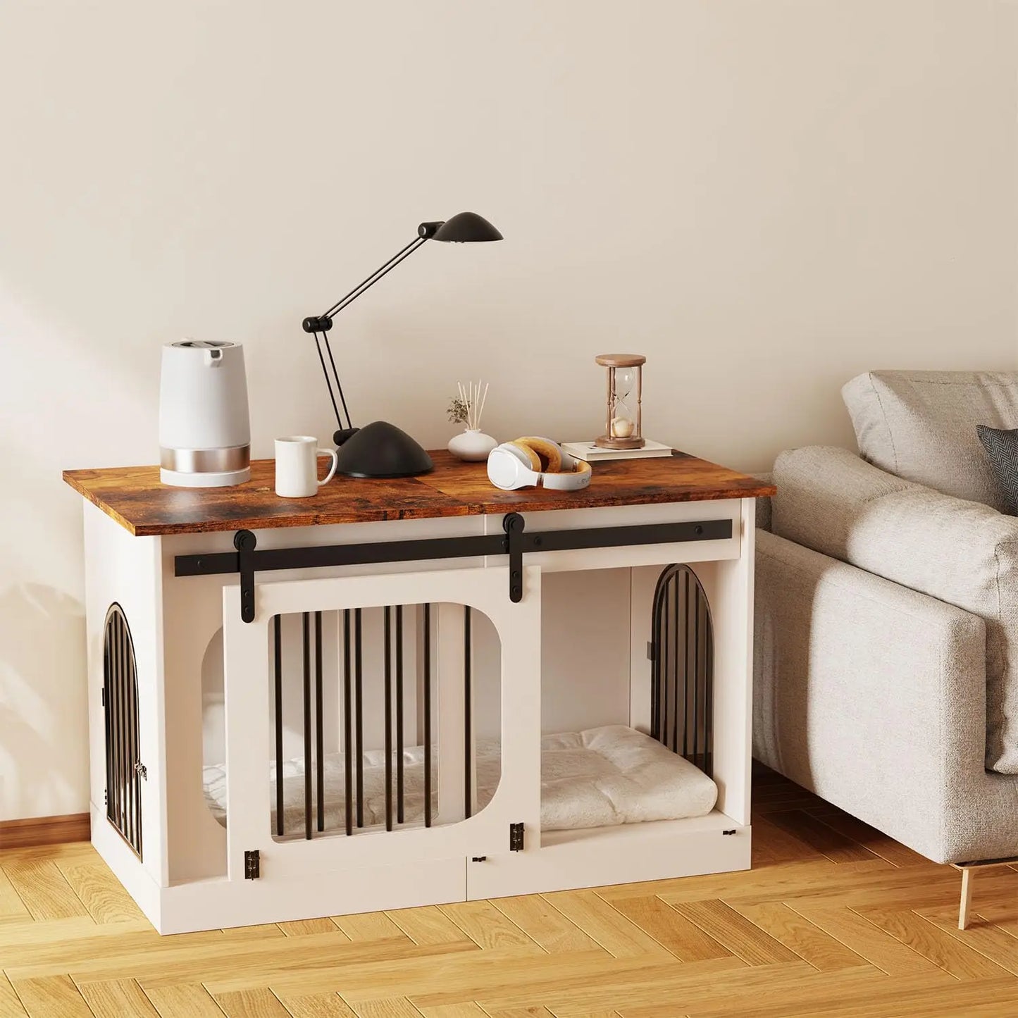 XL Dog Kennel Furniture,39.4 Inch Farmhouse Crate Furniture with Cushion Decorative White Dog Kennel Indoor Thick, Customized
