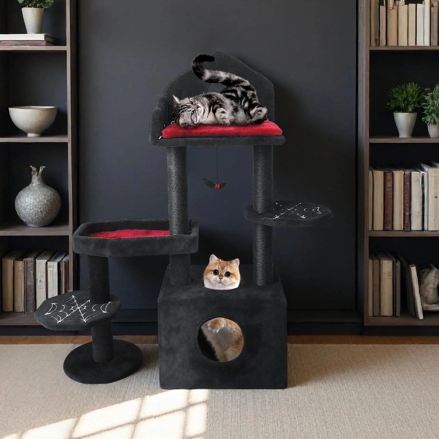 ‌Spooky Black Gothic Cat Tree Tower – 58" Multi-Level with Scratching Posts, Hammock & Interactive Toy for Indoor Cats