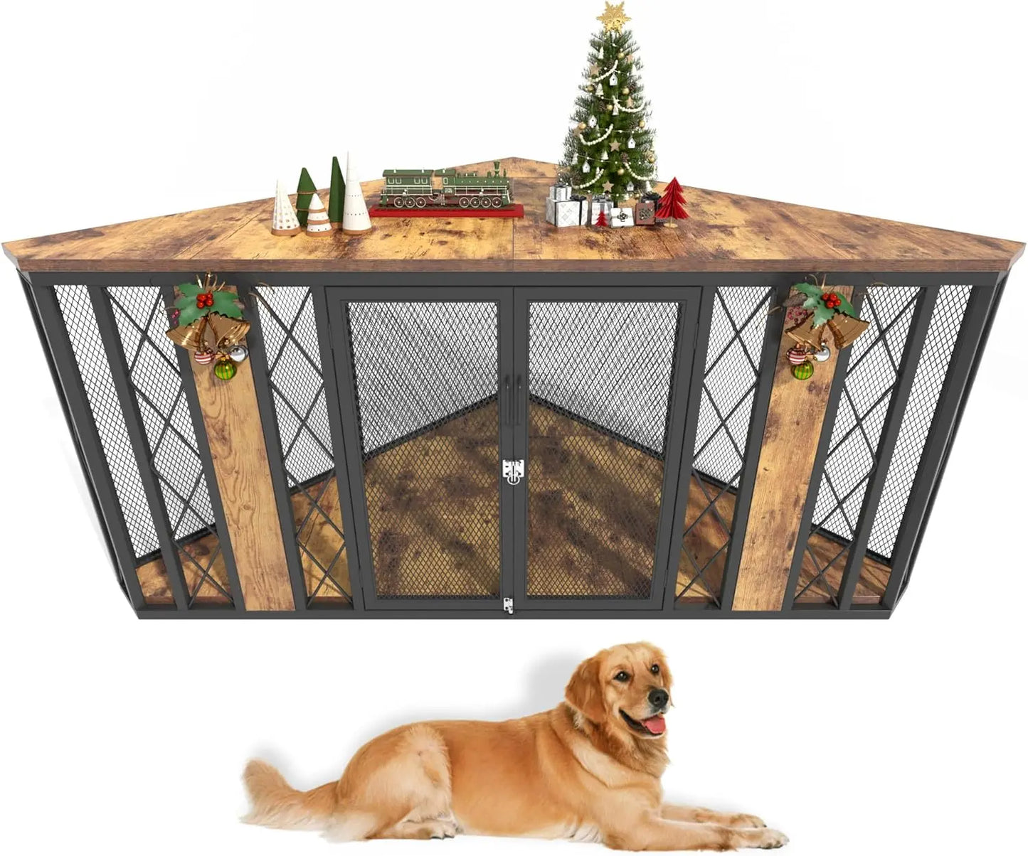 Corner Wooden Dog Crate Furniture With Diamond Metal Decoration Kennel