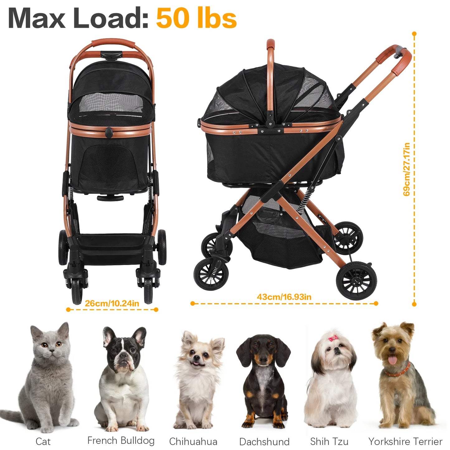 Folding Stroller All Terrain 4 Wheels Foldable Travel Jogger with Detachable Carrier with Sun Shades for Small Medium Dogs Cats
