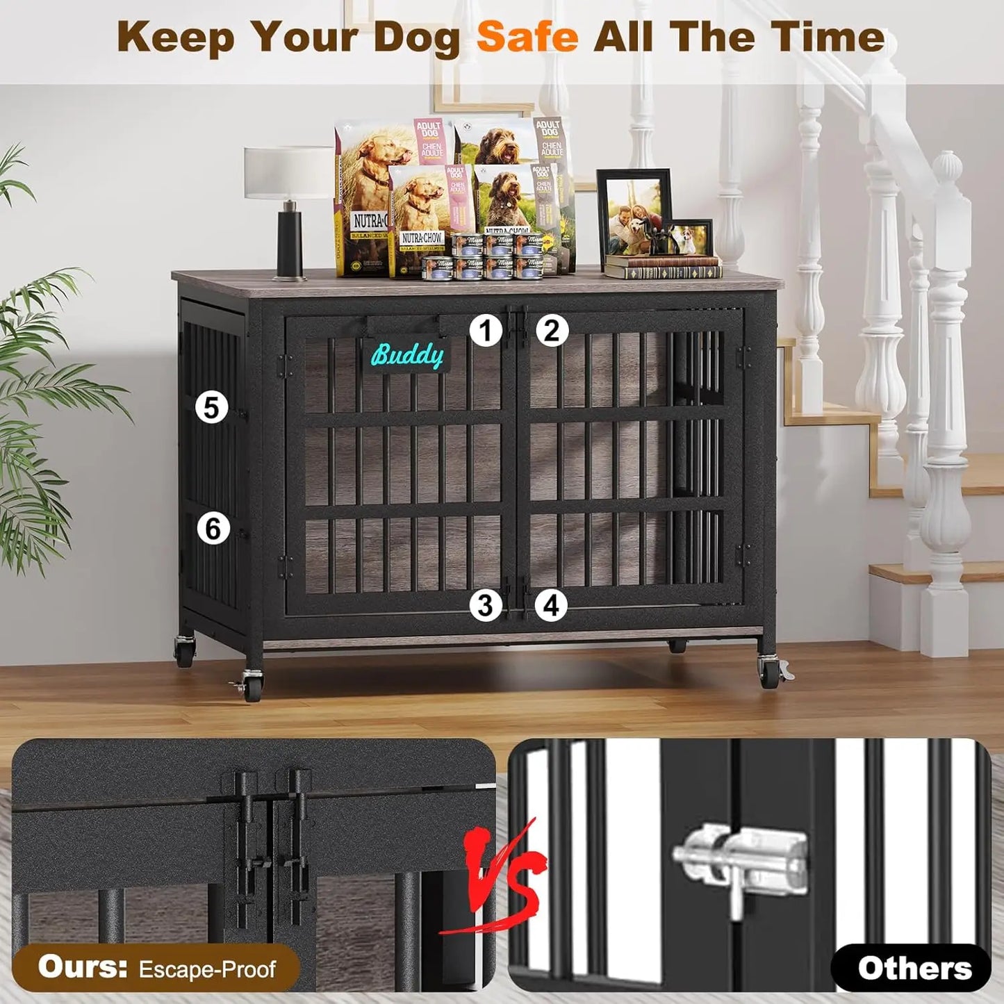 48'/42'/33' XXL Dog Crate Furniture with Casters, Heavy Duty Dog Kennel Indoor for Large Dogs, Escape