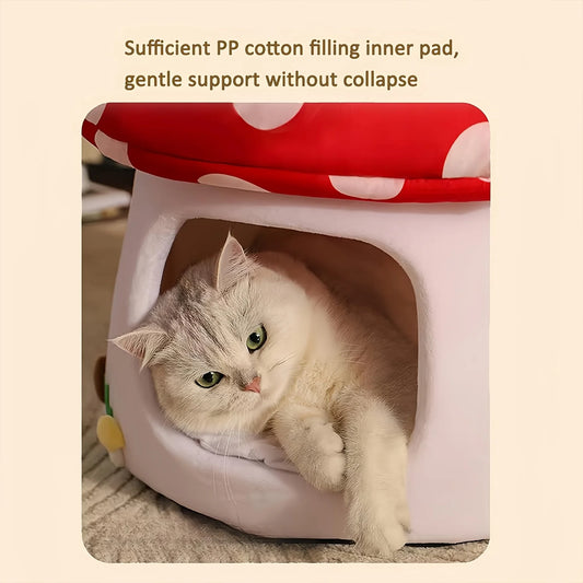 Mushroom Cat Bed Suitable for Indoor Cats, Mushroom-Shaped Cat Cave Bed, Cat Tent with Removable and Washable Cushion Pillow, Cat House Bed Suitable for Cats and Small Dogs