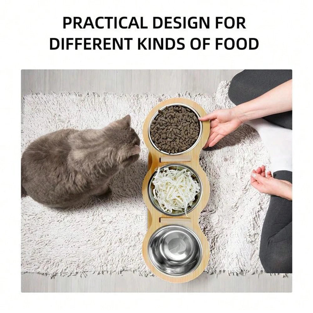 Cat 3 Bowls in 1 Feeder Feeding & Watering Supplies Food Bowl 15-Degree Tilt Raised 3 Stainless Steel Bowls Wood Brackets Puppy