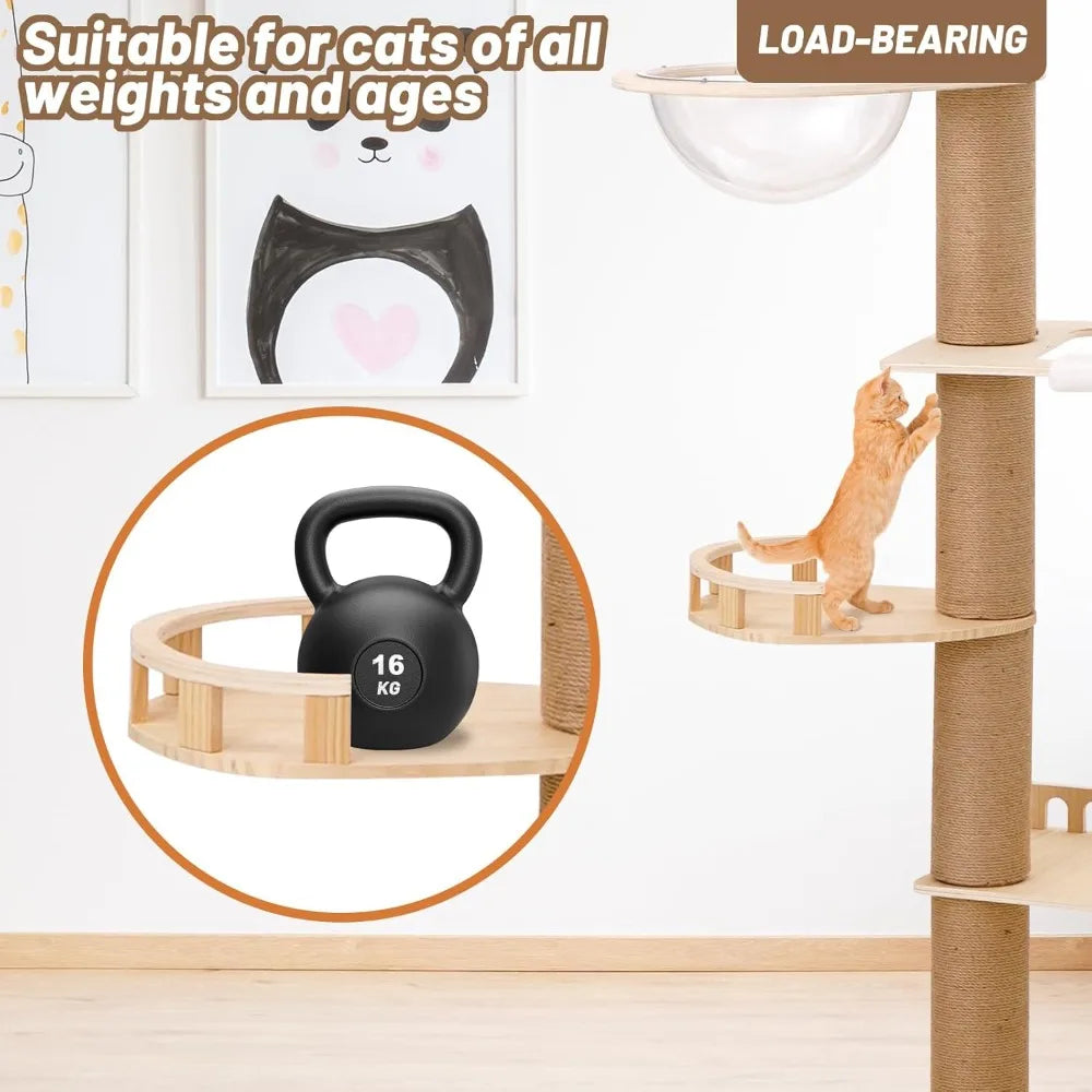Adjustable Height Wooden Cat Tower With 6 Sisal Posts