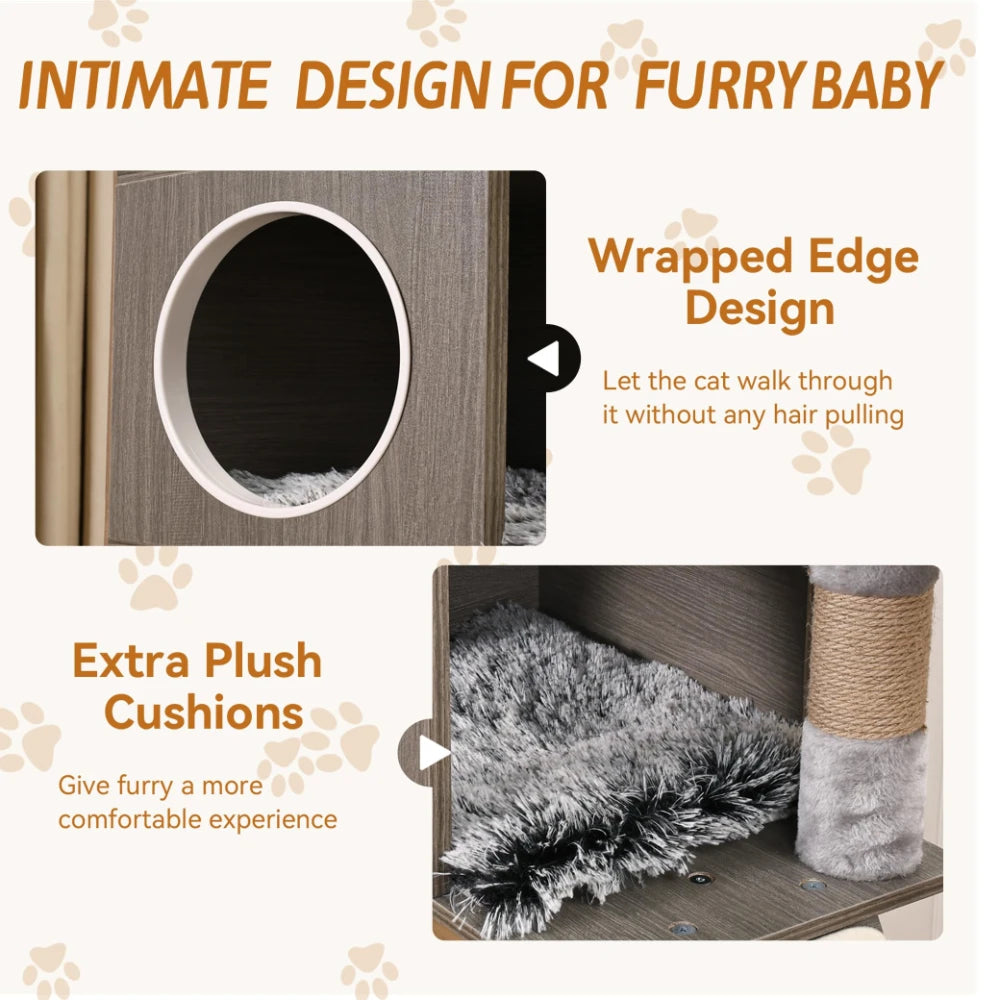 HiMISS Cat Tree With Litter Box Enclosure Storage Cabinet