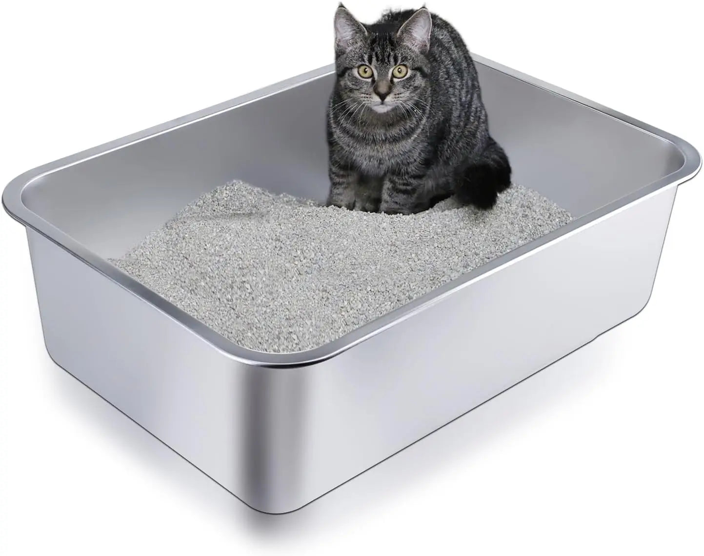 Stainless Steel Cat Litter Box with High Sides, Non-Stick Easy Clean Durable Pet Toilet for Small Cats (15.6x11.6x3.9 in)