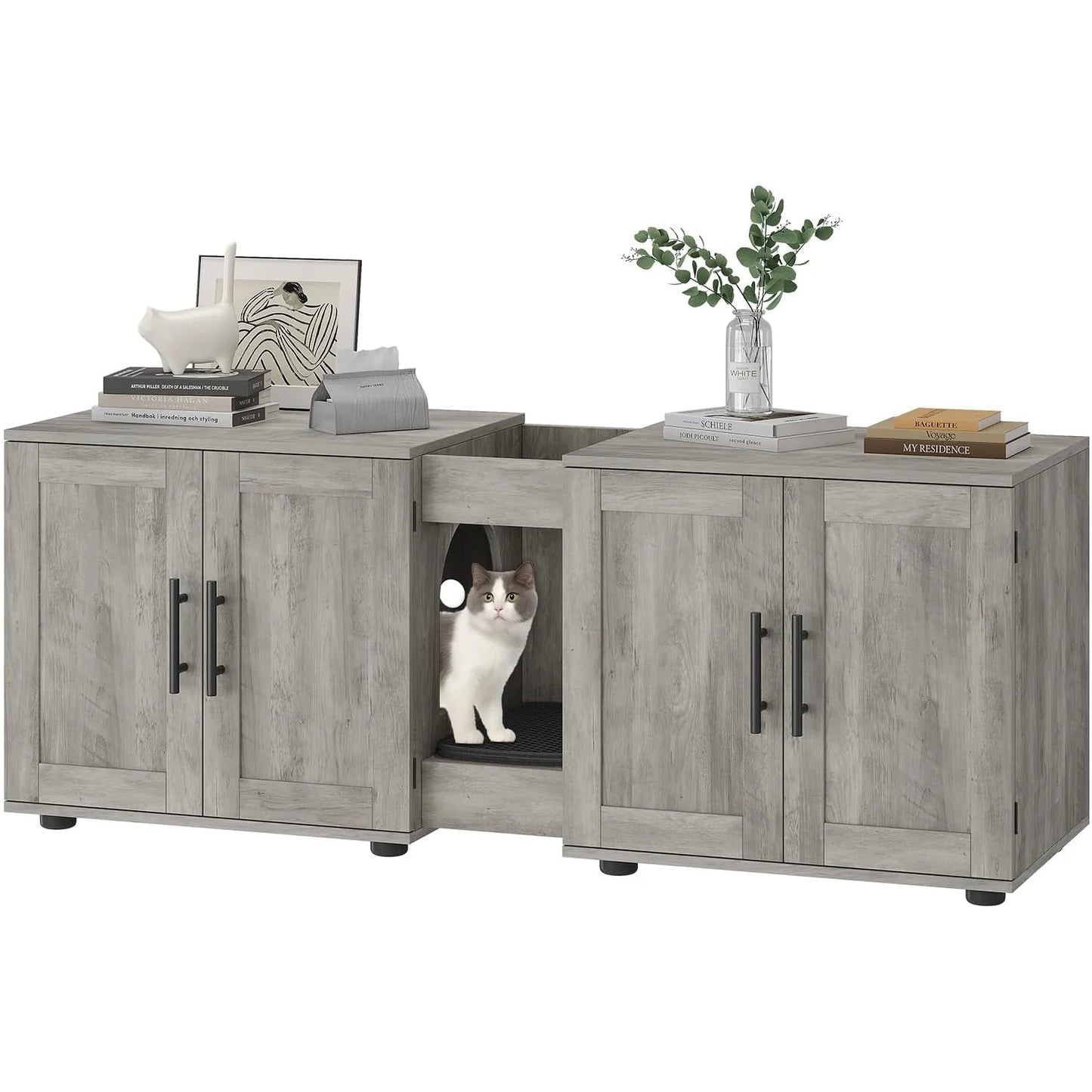 3-in-1 Wooden Washroom Cabinet with Double Compartments Cat Door & Scratching Pad Cat Litter Box Enclosure for Cats Supplies