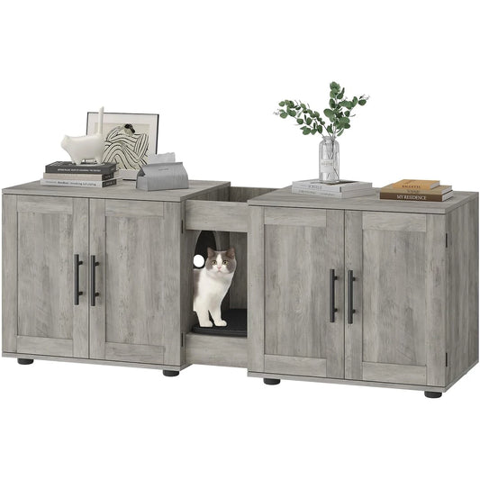 3-in-1 Wooden Washroom Cabinet with Double Compartments Cat Door & Scratching Pad Cat Litter Box Enclosure for Cats Supplies