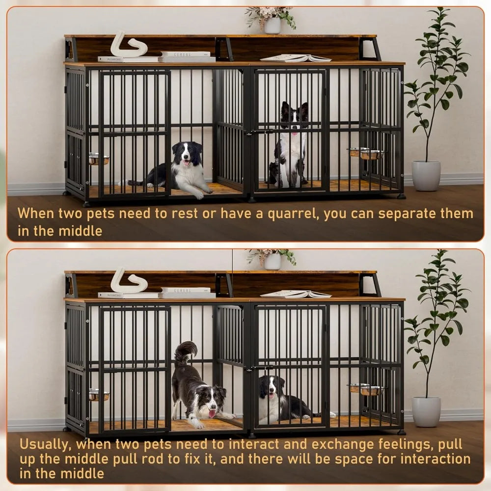 Extra Large Double Dog Cage for Two Dogs, 72 Inch Thick Wooden Crate with Storage Rack for Large Breeds