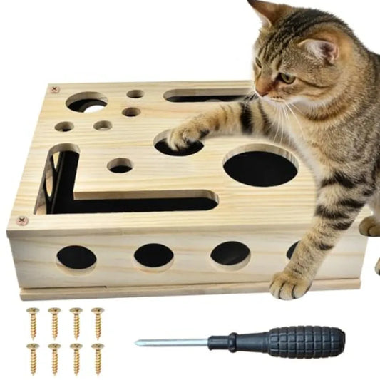 Reinforced Cat Nail File Scratcher Box with 8 Screws Wooden Enrichment Puzzle Toy for Indoor Cats Sandpaper Claw Care Furniture