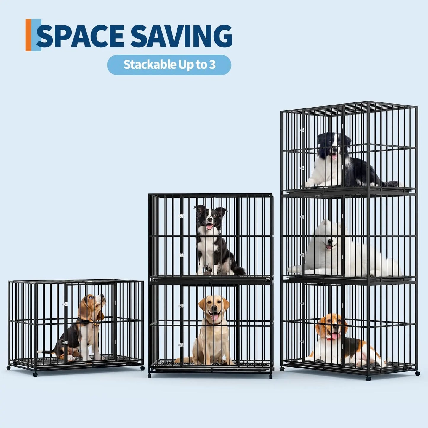HiMISS Indestructible Stainless Steel Dog Crate with Wheels and Tray