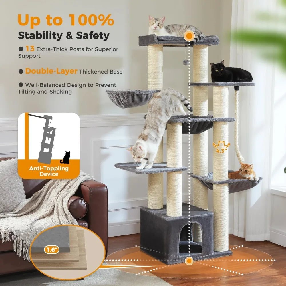 heavy duty cat tree for maine coon – 67" tall cat tower with 13 thick (φ4.3) scratching posts, xxl cat condo with super large pe