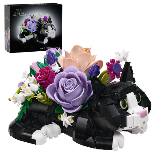 BuildMoc Tuxedo Cat Rose Bouquet Building Blocks Set