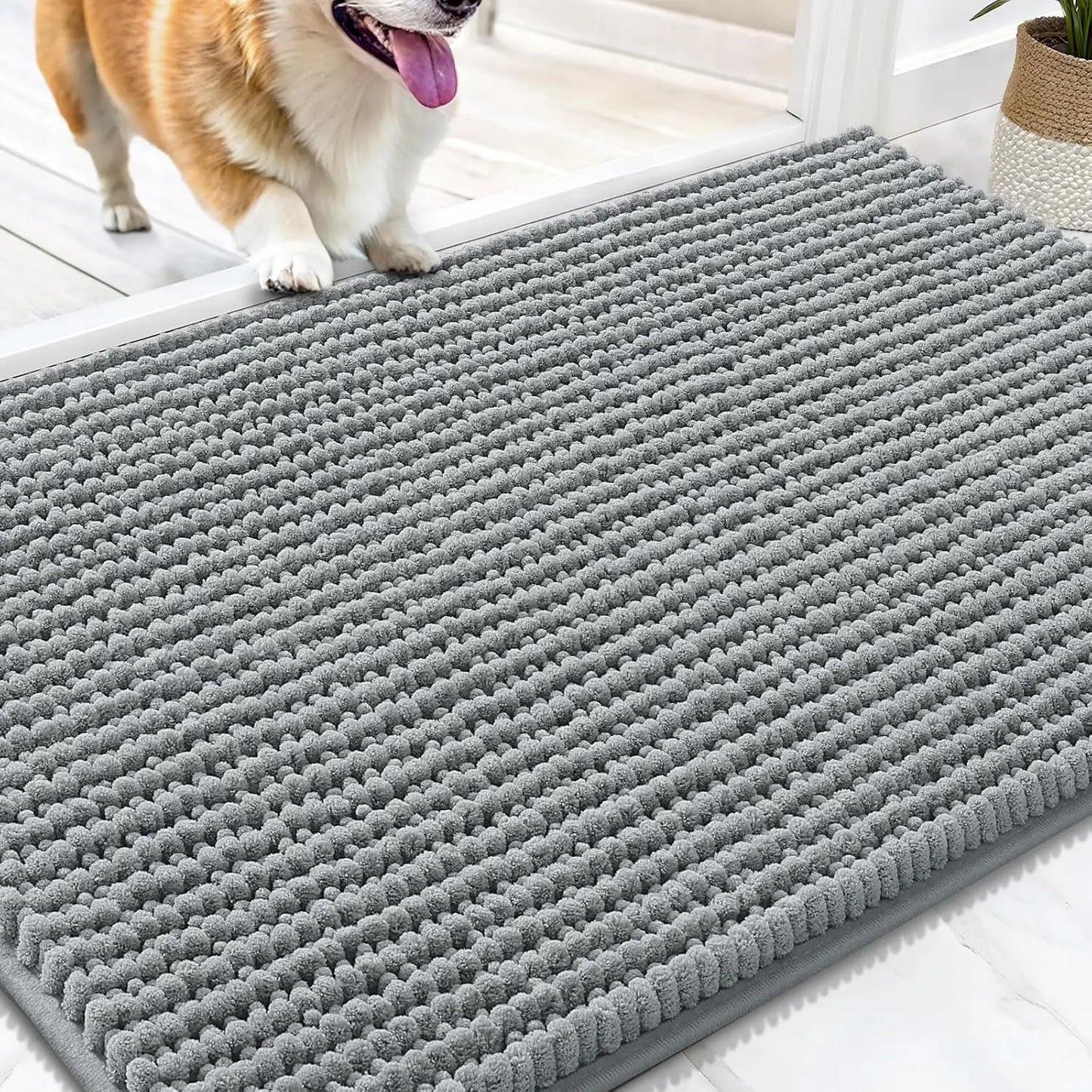 Ultra Absorbent Chenille Mud Doormat 30x20, Non-Slip Washable Pet Mat for Indoor Entryway, Quick-Dry Dog Bed Mats Grey