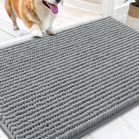 Ultra Absorbent Chenille Mud Doormat 30x20, Non-Slip Washable Pet Mat for Indoor Entryway, Quick-Dry Dog Bed Mats Grey