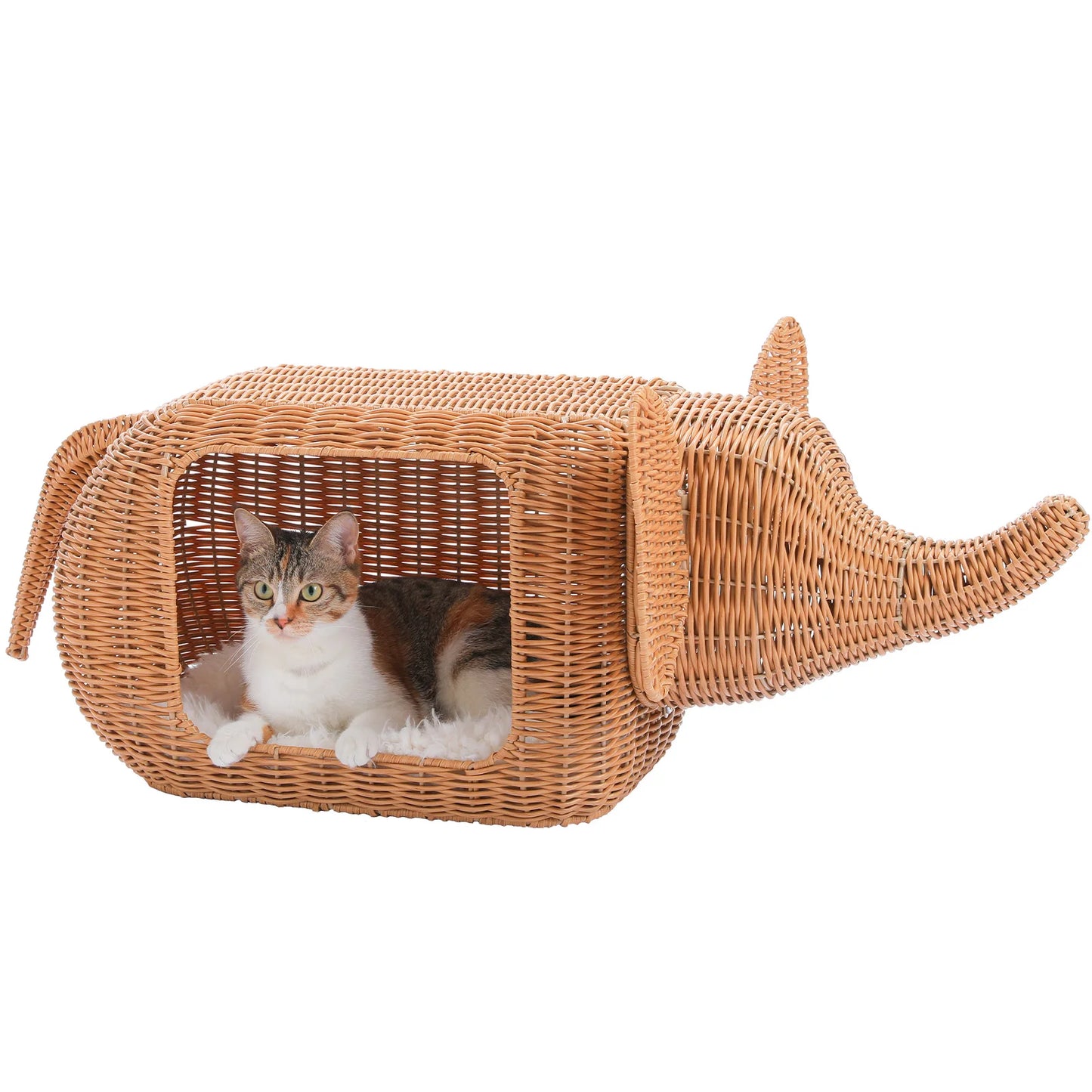 Elephant Cat Condo with Thick Plush Cushion Cute Handwoven Wicker Kitten House for Indoor Cats Natural Rattan Pet Beds Cat Nest