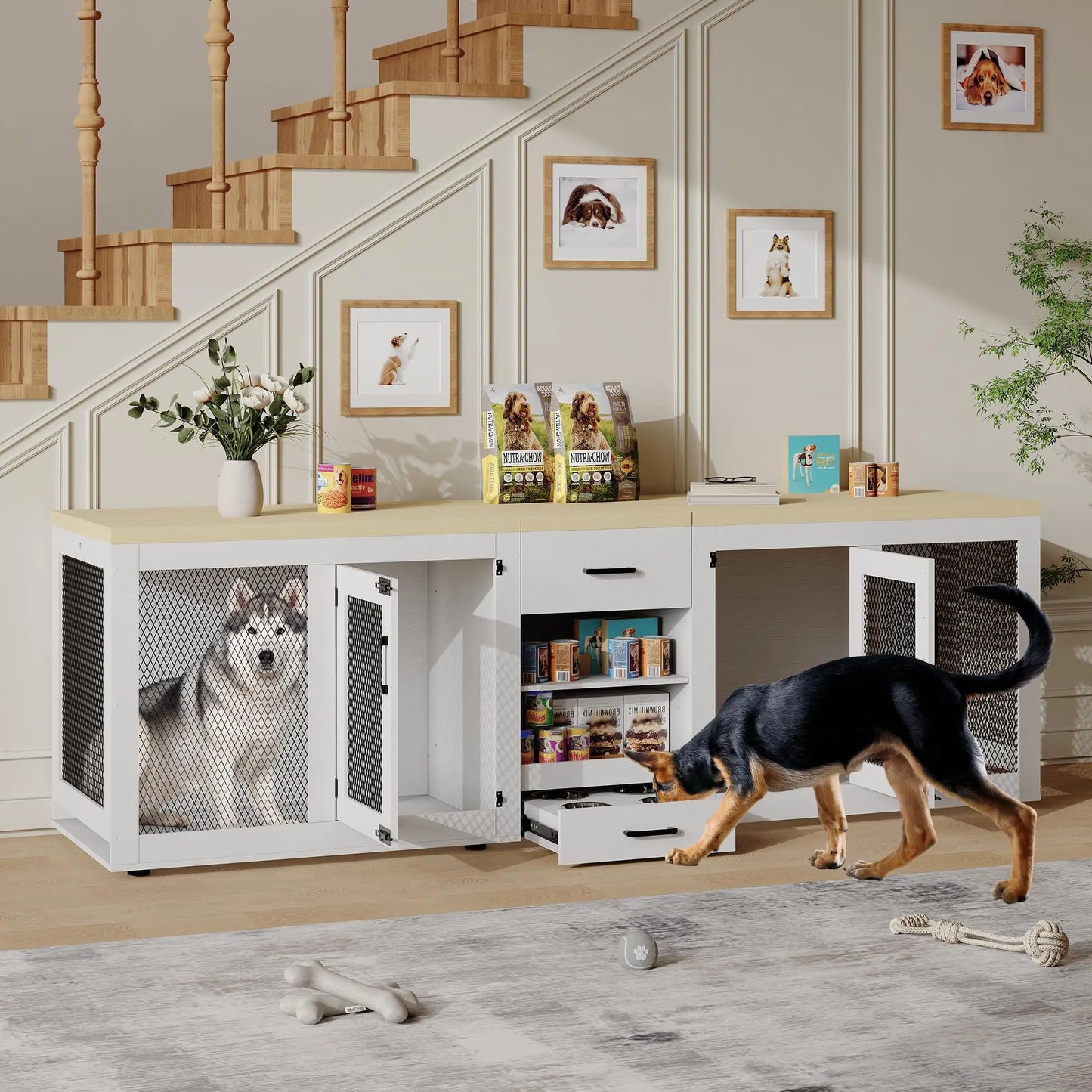 HiMISS Double Dog Crate Furniture TV Stand With Feeding Station
