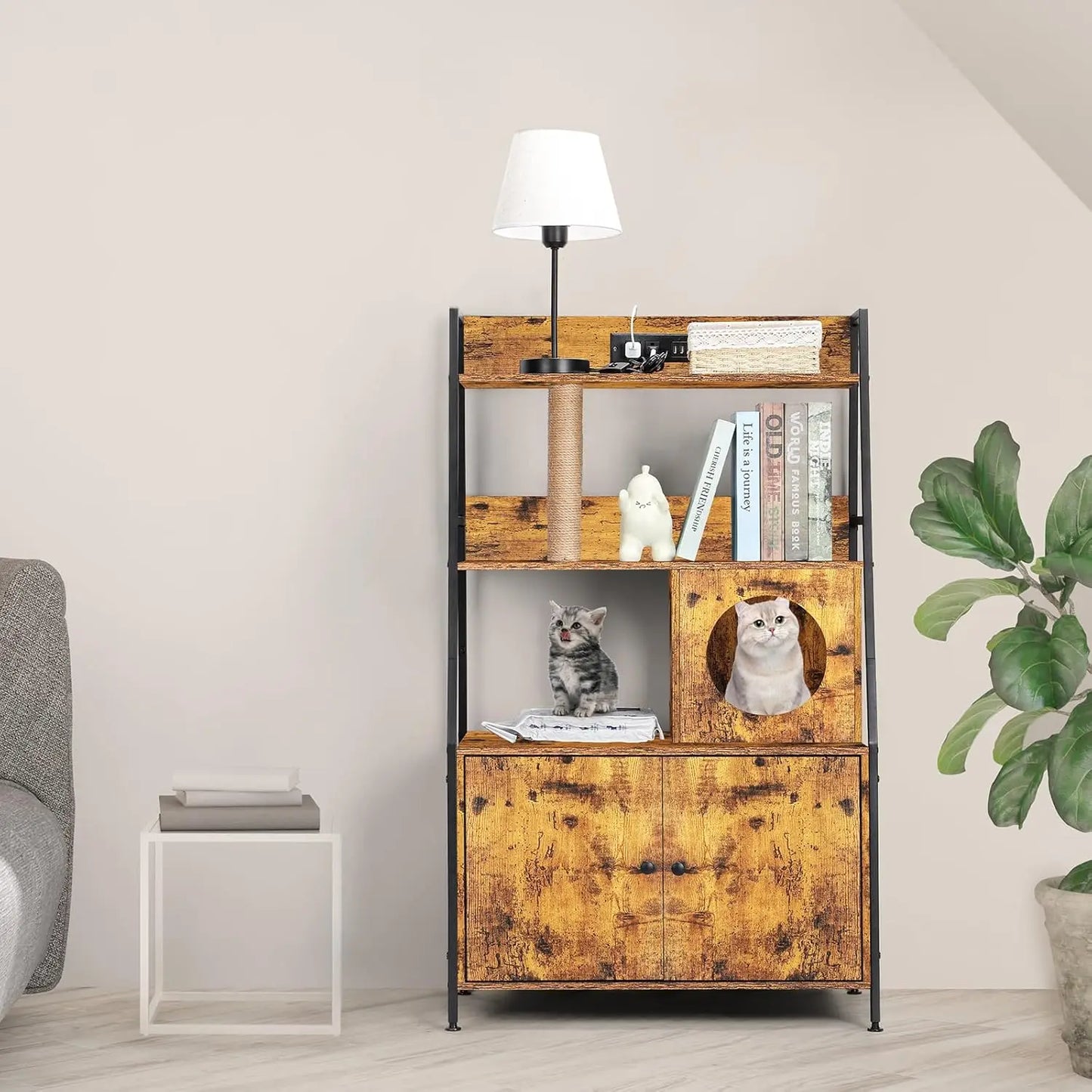 Cat Litter Box Enclosure With Shelves And Charging Station