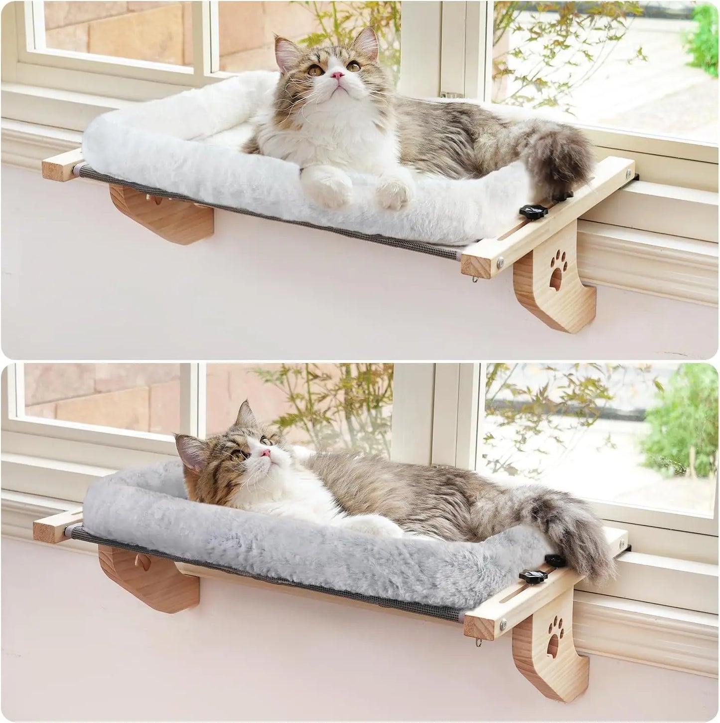 Sturdy Cat Window Perch with Cushion Bed Cover, Adjustable Wood & Metal Frame for Large Cats, Easy Installation