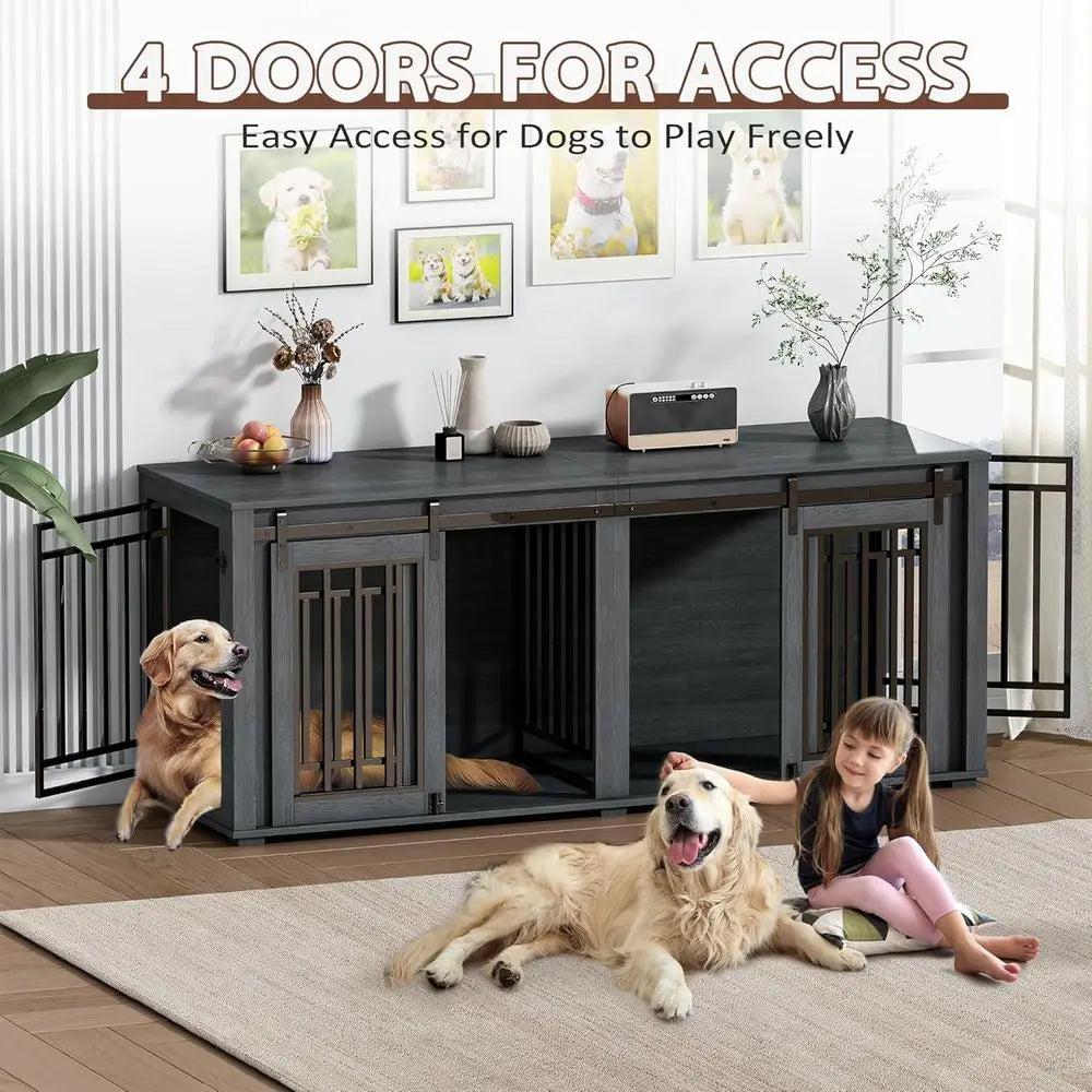 Large Dog Crate Furniture for 2 Dogs, Upgrade 71" Pro XXL Sliding Door Heavy Duty Dog Kennel Furniture with Divider, Steel Frame