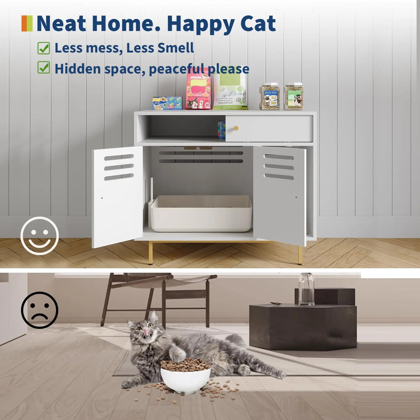 Modern Hidden Cat Litter Box Enclosure Cabinet with Storage Shelf, 2 in 1 Pet Furniture End Table w/Metal Legs Indoor Cat House