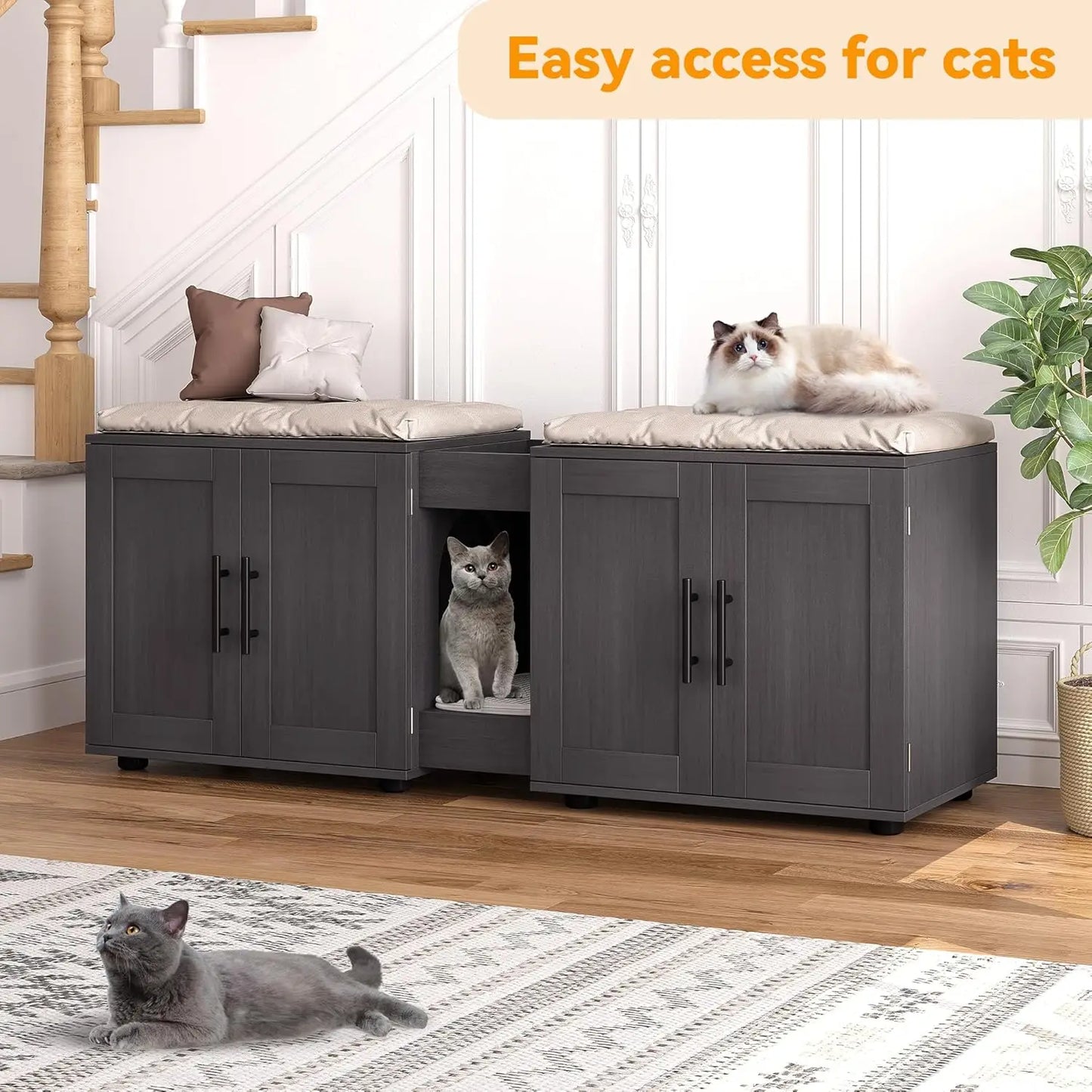 3-in-1 Wooden Washroom Cabinet with Double Compartments Cat Door & Scratching Pad Cat Litter Box Enclosure for Cats Supplies