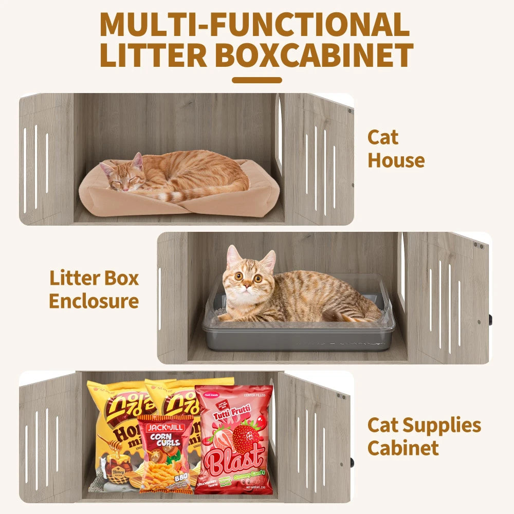 HiMISS Cat Tree With Litter Box Enclosure Storage Cabinet