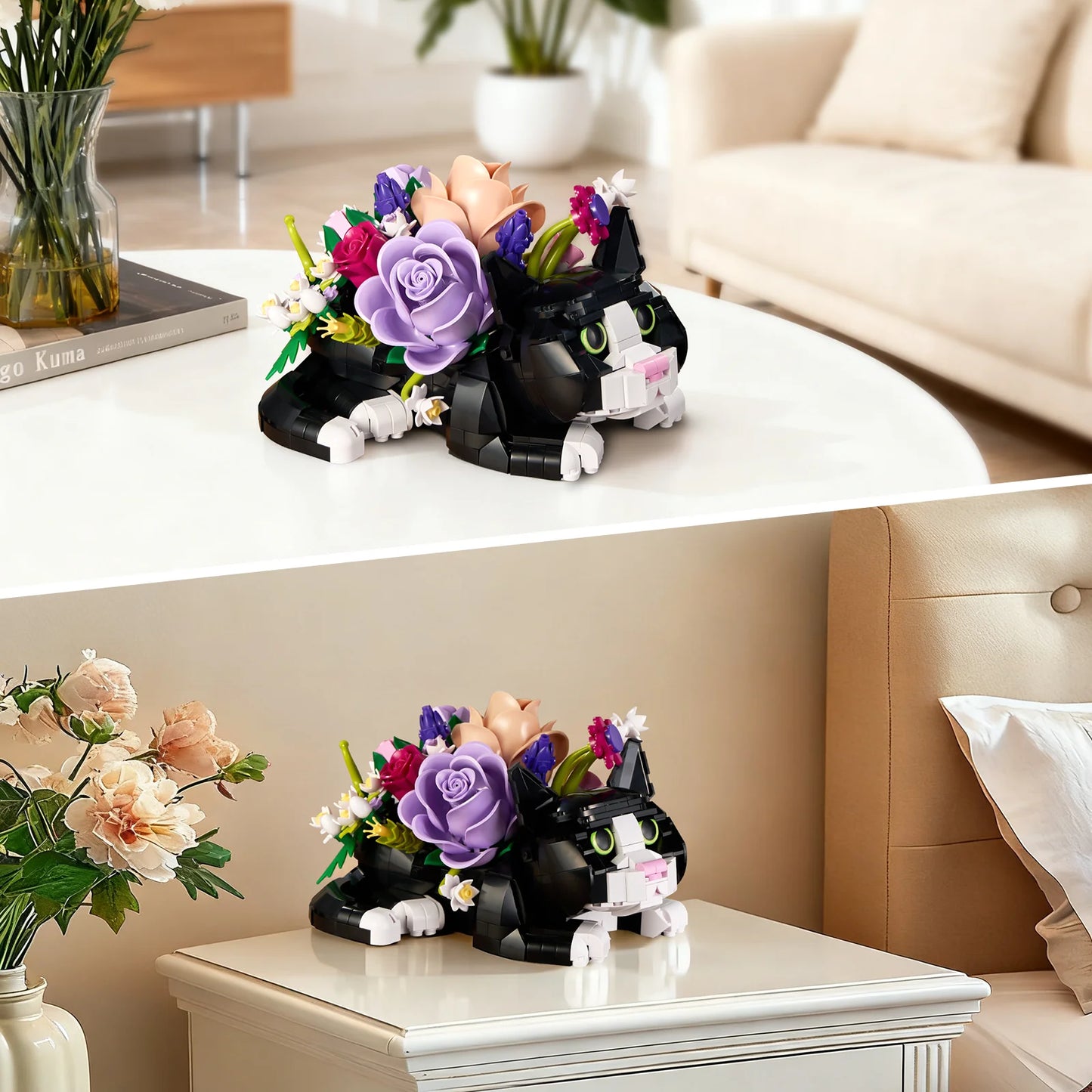 BuildMoc Tuxedo Cat Rose Bouquet Building Blocks Set