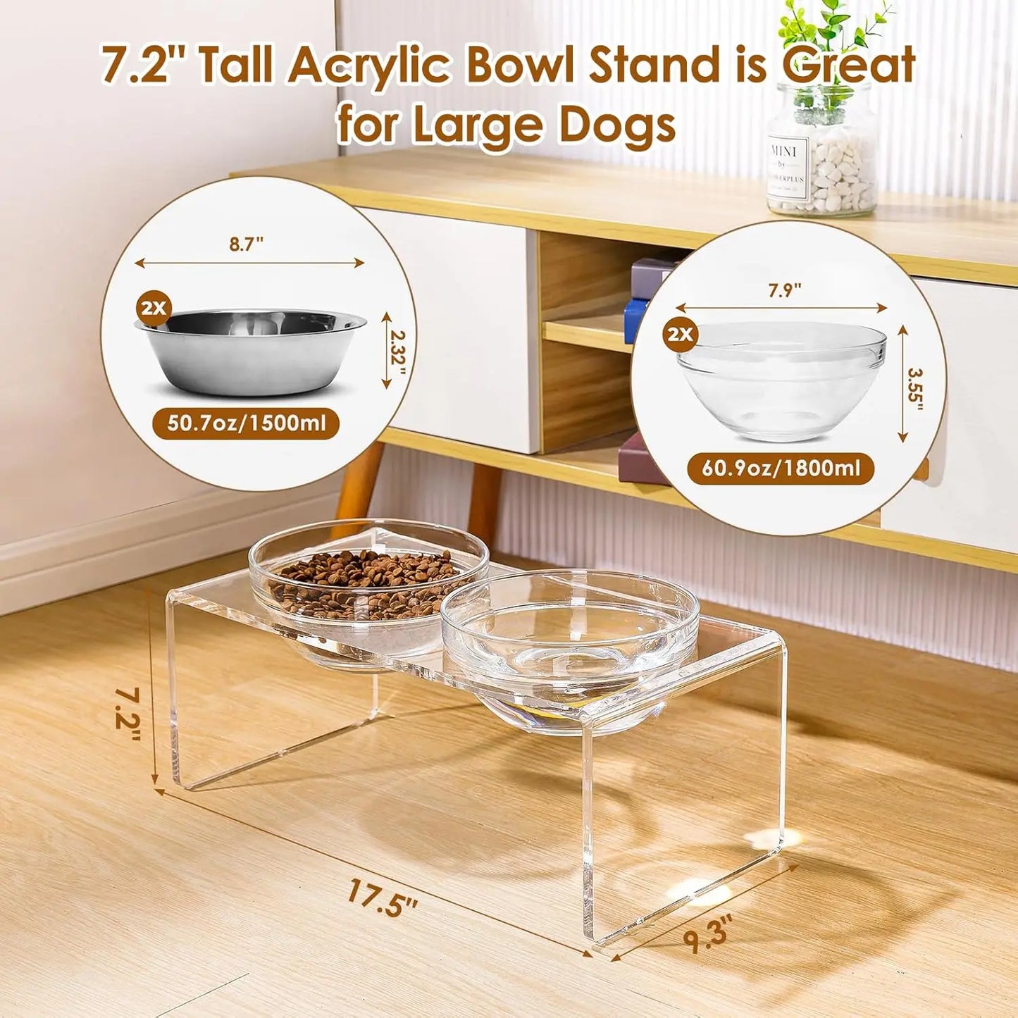 Elevated Pet Feeder Stand with Removable Stainless Steel and Glass Bowls, Perfect for Large Dogs