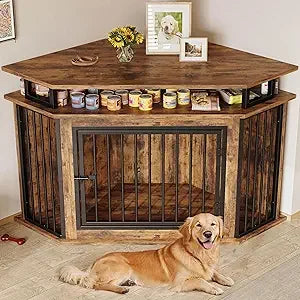 DAFIFY Corner Wooden Dog Crate With Shelves For Large Dogs