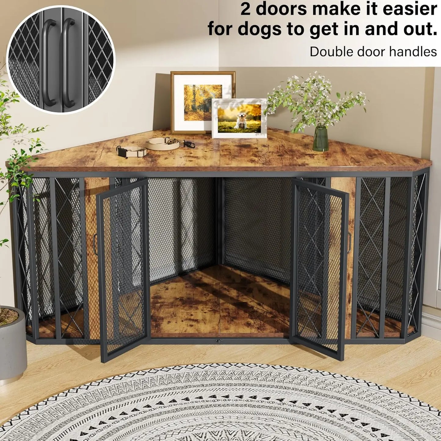 Corner Wooden Dog Crate Furniture With Diamond Metal Decoration Kennel