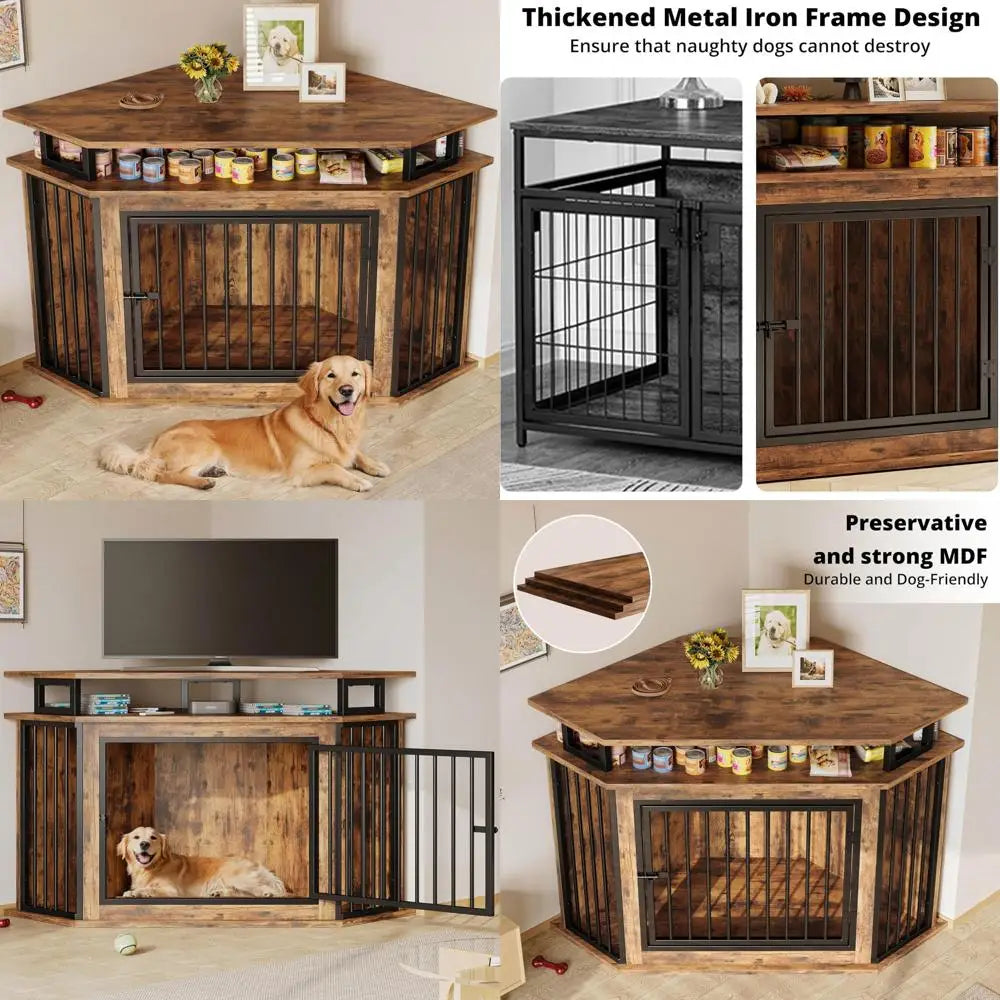 DAFIFY Corner Wooden Dog Crate With Shelves For Large Dogs