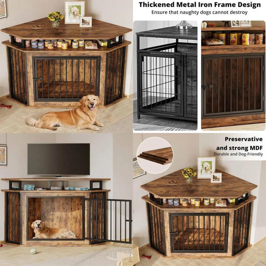 DAFIFY Corner Wooden Dog Crate With Shelves For Large Dogs