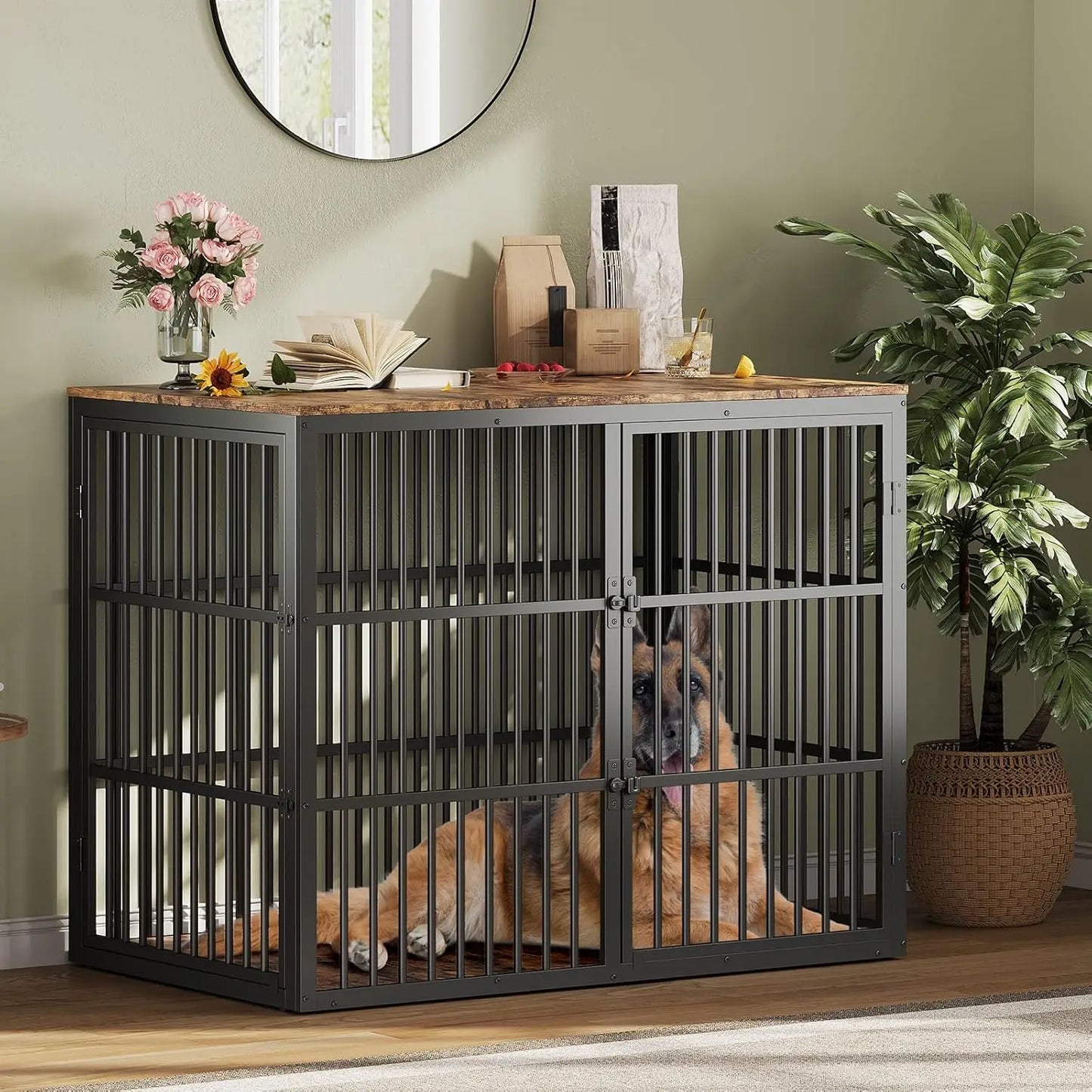 HiMISSH Wooden Dog Crate Furniture With Lockable Doors And Metal Frame