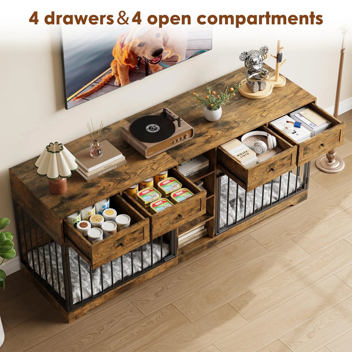 HiMISS Heavy-Duty Double Dog Crate Furniture TV Stand With Drawers