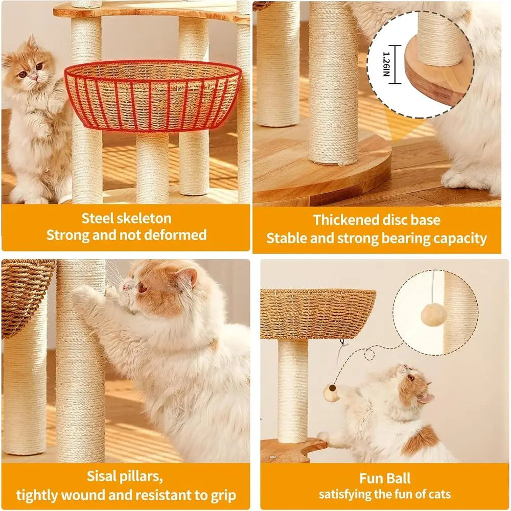 Luxury 54 Oak Cat Tree with Scratching Posts for Large Cats, Multi-Level Condo, Easy Maintenance Indoor Activity Center