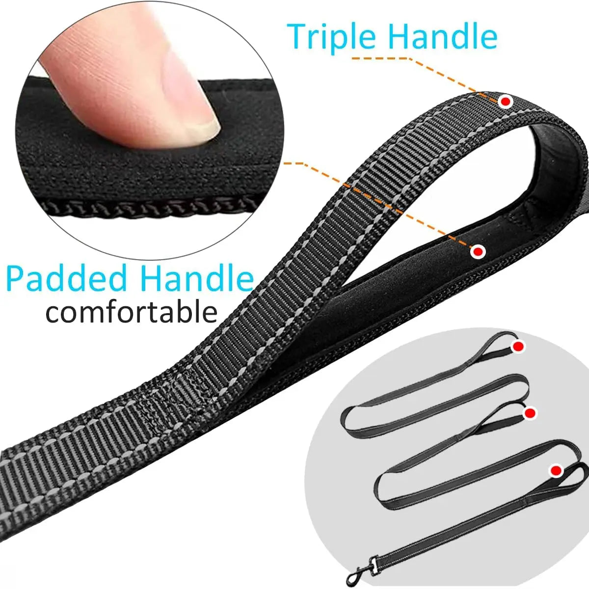 10FT Triple Handle Dog Leash with Reflective Stitching, Padded Traffic Handles for Control and Safety