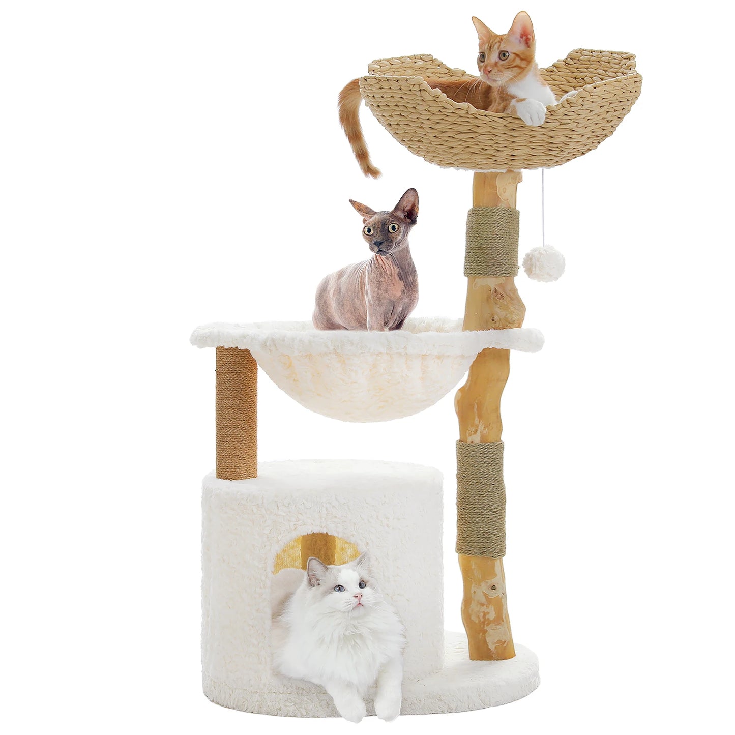 PEQULTICN Natural Wood Cat Tree Tower With Wicker Basket Indoor