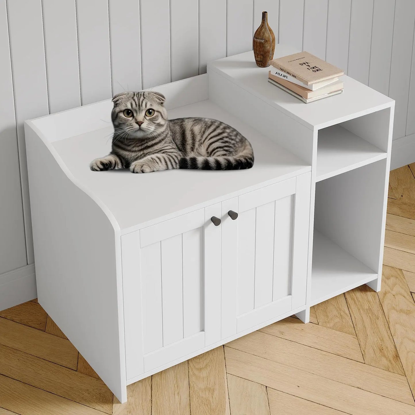 2 In 1 Hidden Cat Litter Box Enclosure & Sofa End Table, Dog Proof Wooden Cabinet Indoor Pet House with Storage Shelf/Doors