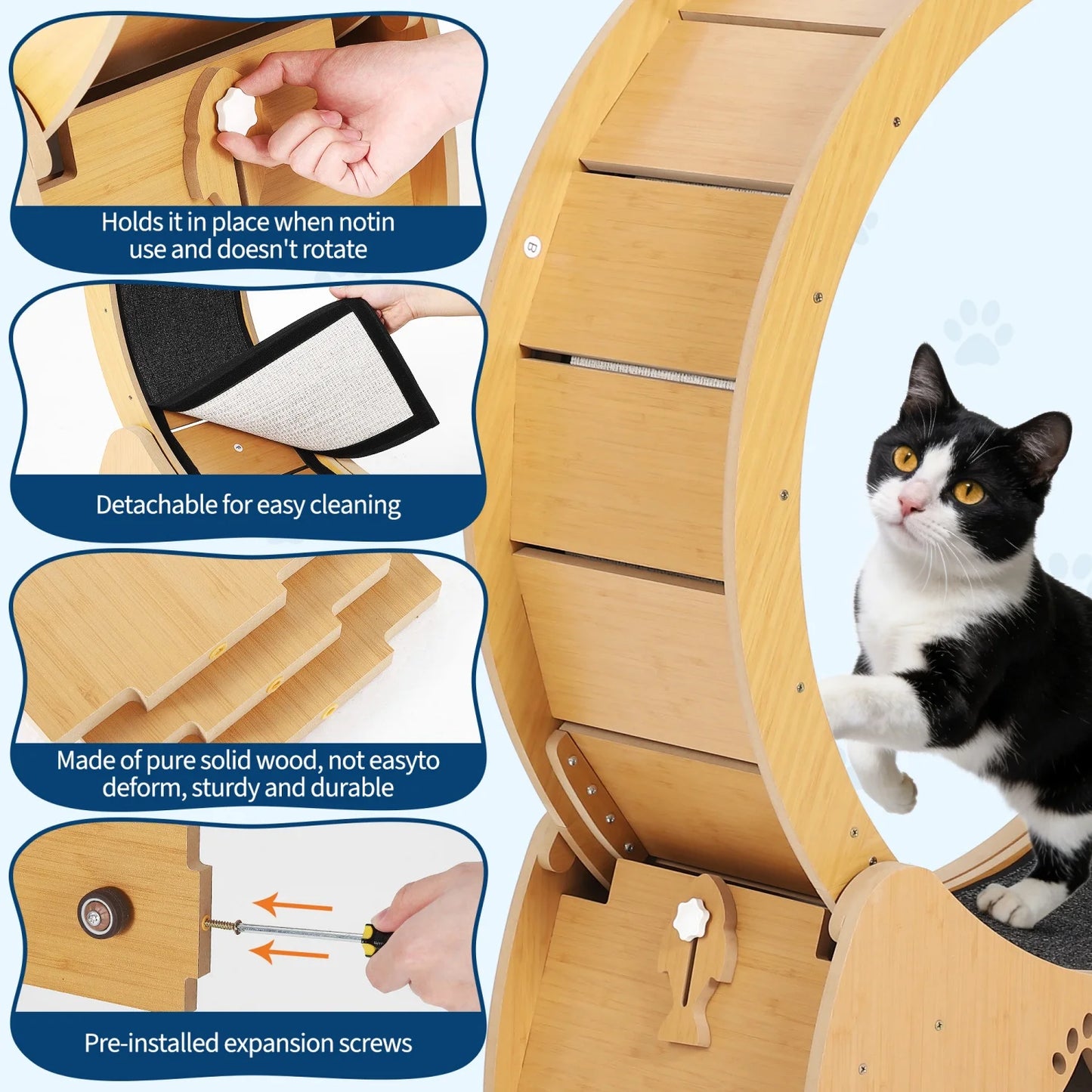 Wooden Cat Exercise Wheel forIndoor Cat, Large cat Running Treadmill with Low Noise Carpeted Runway, Removable Carpet Cat Wheel