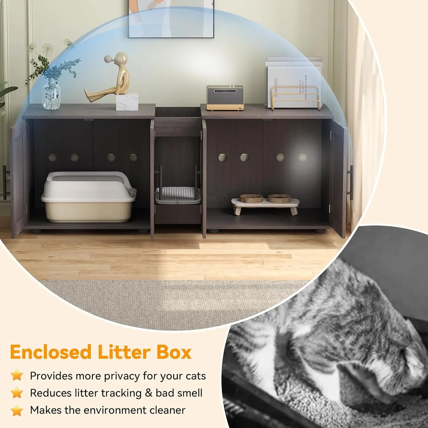 3-in-1 Wooden Washroom Cabinet with Double Compartments Cat Door & Scratching Pad Cat Litter Box Enclosure for Cats Supplies