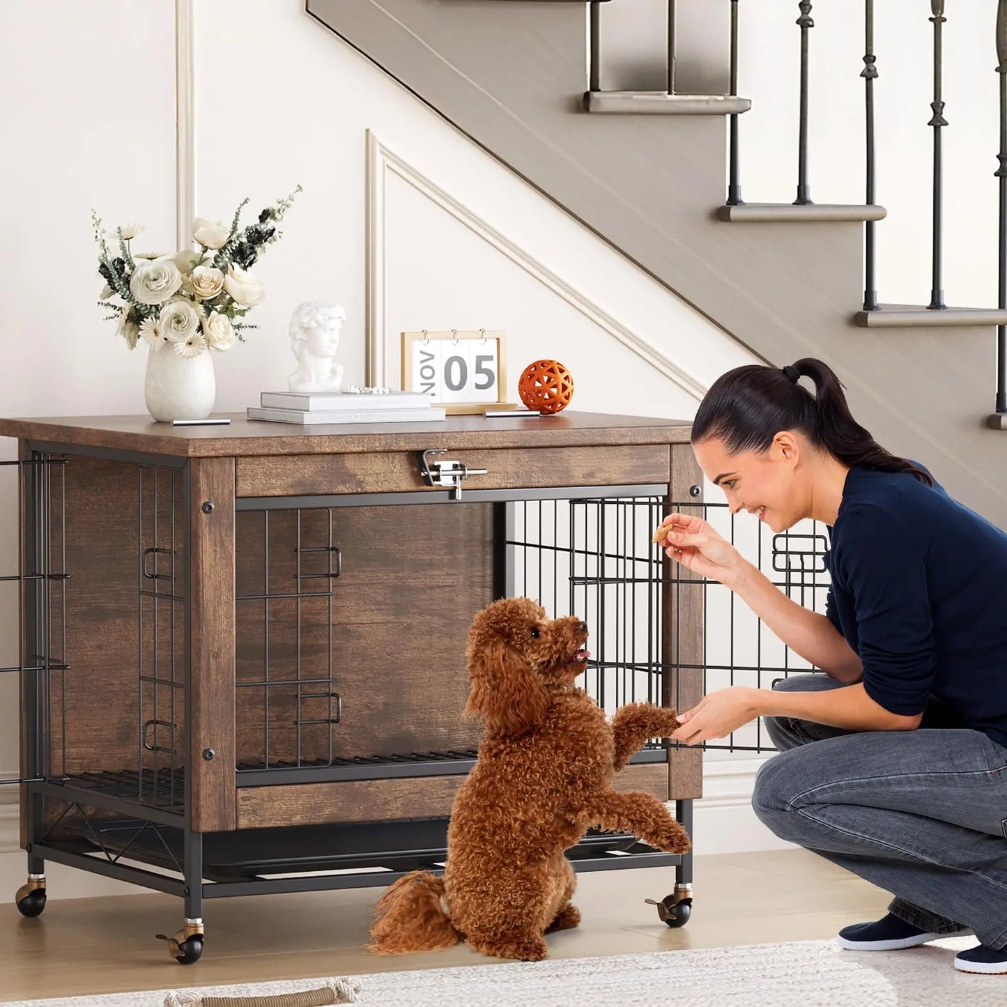 26" Wooden Dog Crate Furniture With Wheels Indoor Pet Kennel End Table Dual Door Chew-Proof Small Dog Cage With Removable Tray