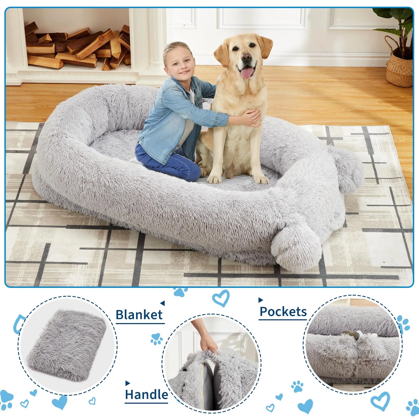 HiMISSCN Memory Foam Dog Bed With Storage Pockets And Blanket